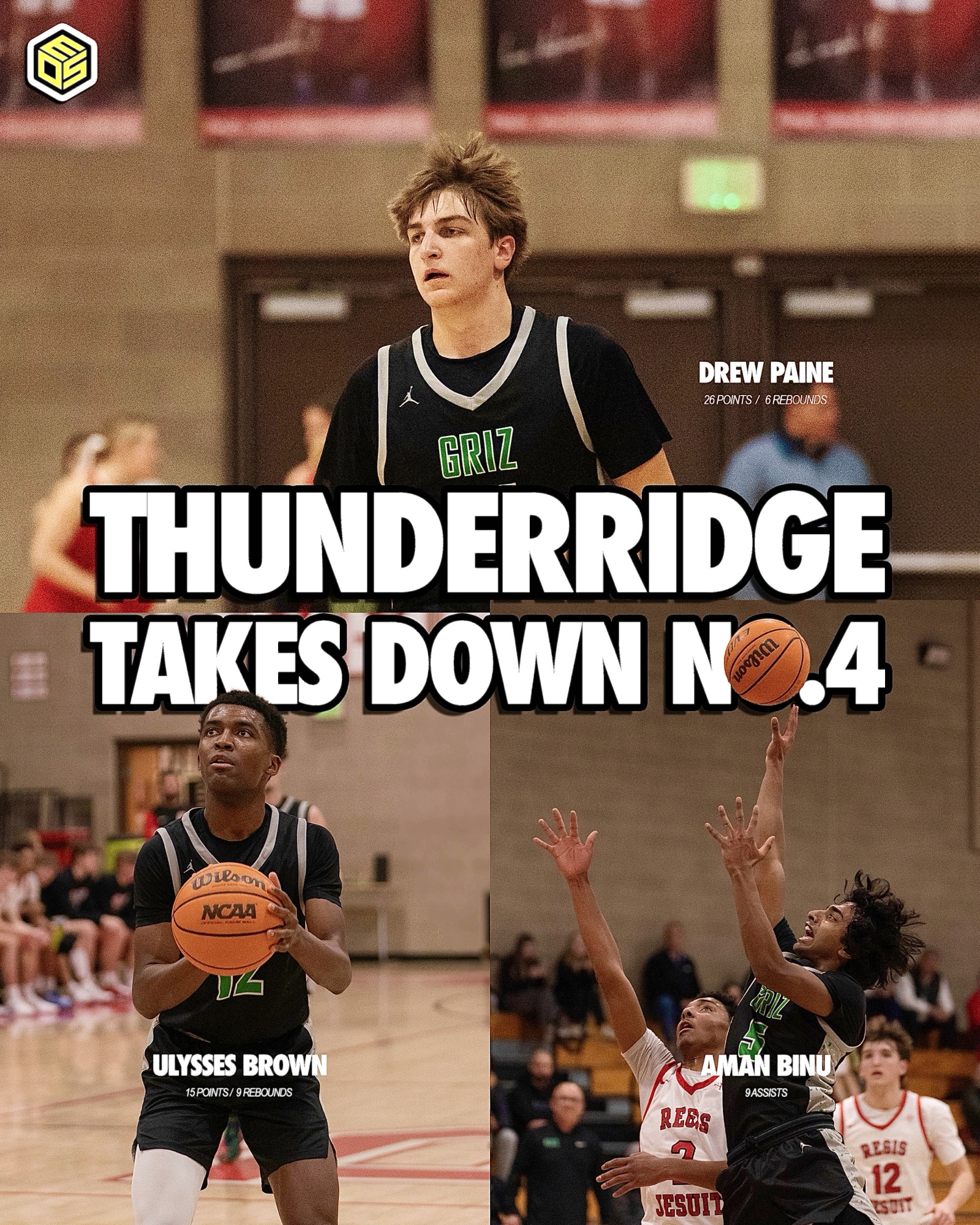 ThunderRidge Grizzlies junior Drew Paine making a game-saving block on Regis Jesuit’s Eric Fiedler during a thrilling 69-66 victory. The scoreboard and intense crowd at Regis Jesuit High School in Aurora set the dramatic scene