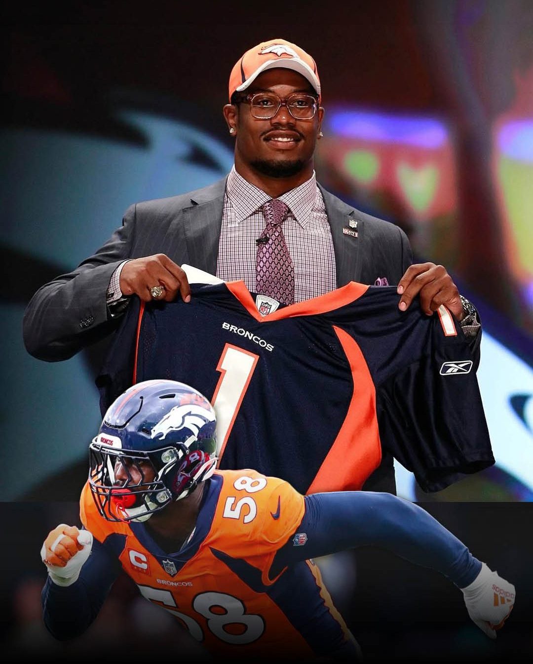 Von Miller smiles while holding up his Denver Broncos jersey alongside NFL Commissioner Roger Goodell after being selected No. 2 overall in the 2011 NFL Draft.