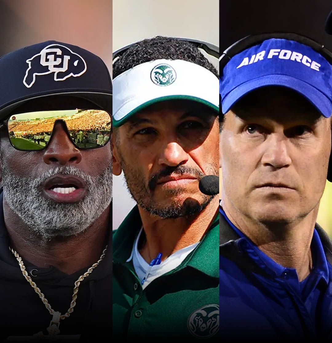 Split-screen photo of Colorado head coaches Deion Sanders (Colorado), Jay Norvell (Colorado State), and Troy Calhoun (Air Force), representing their football programs’ 2025 recruiting classes.
