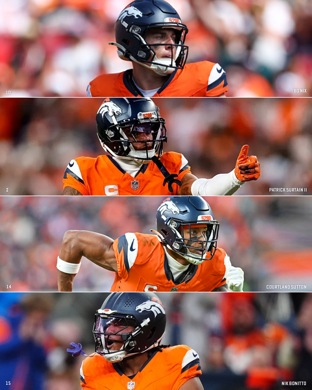 uarterback Bo Nix in mid-throw, cornerback Pat Surtain II locking down a receiver, wide receiver Courtland Sutton hauling in a contested catch, and edge rusher Nik Bonitto celebrating a sack