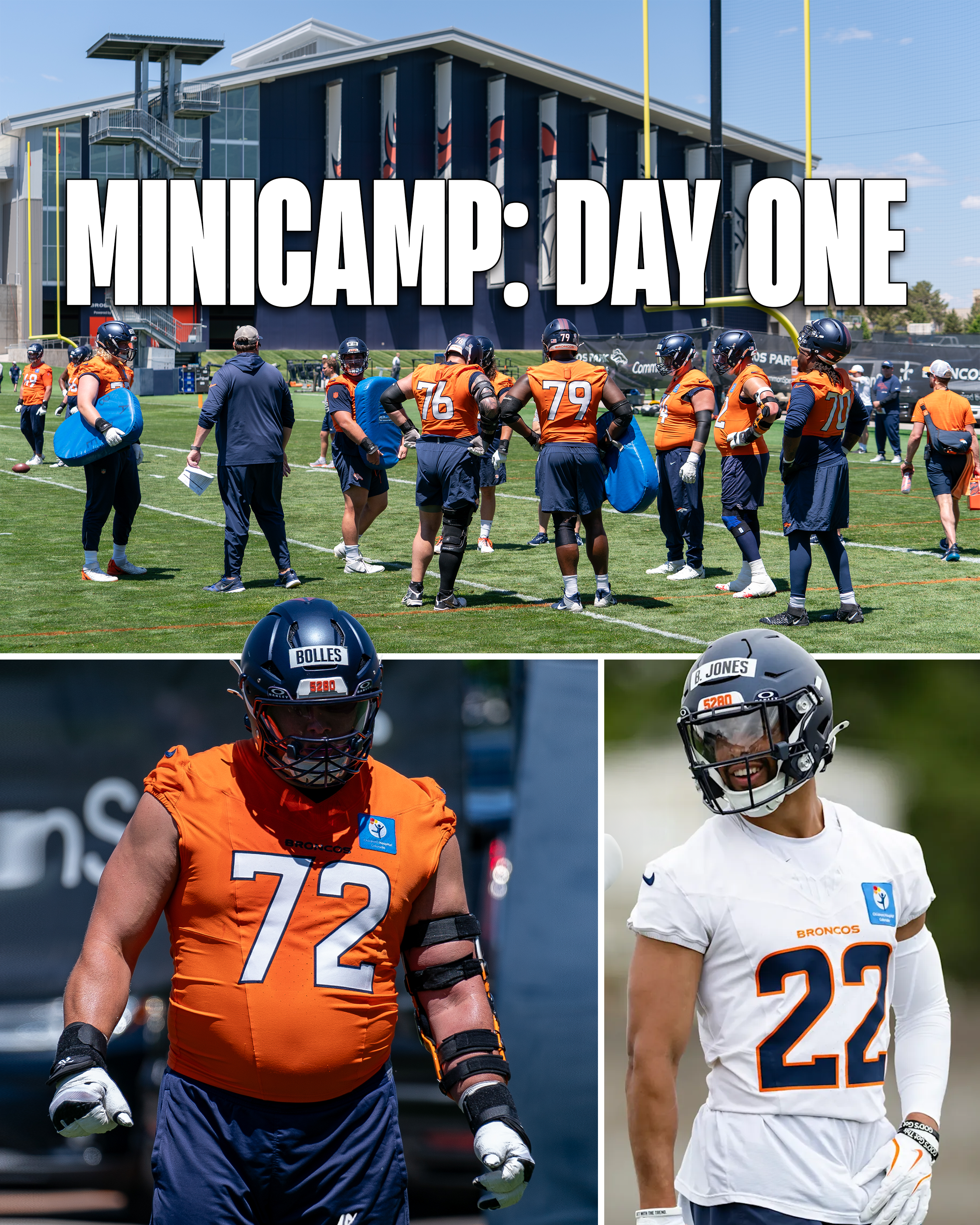 Bo Nix delivers a pass during Day 1 of Broncos Mandatory Minicamp as teammates and coaches observe from the background