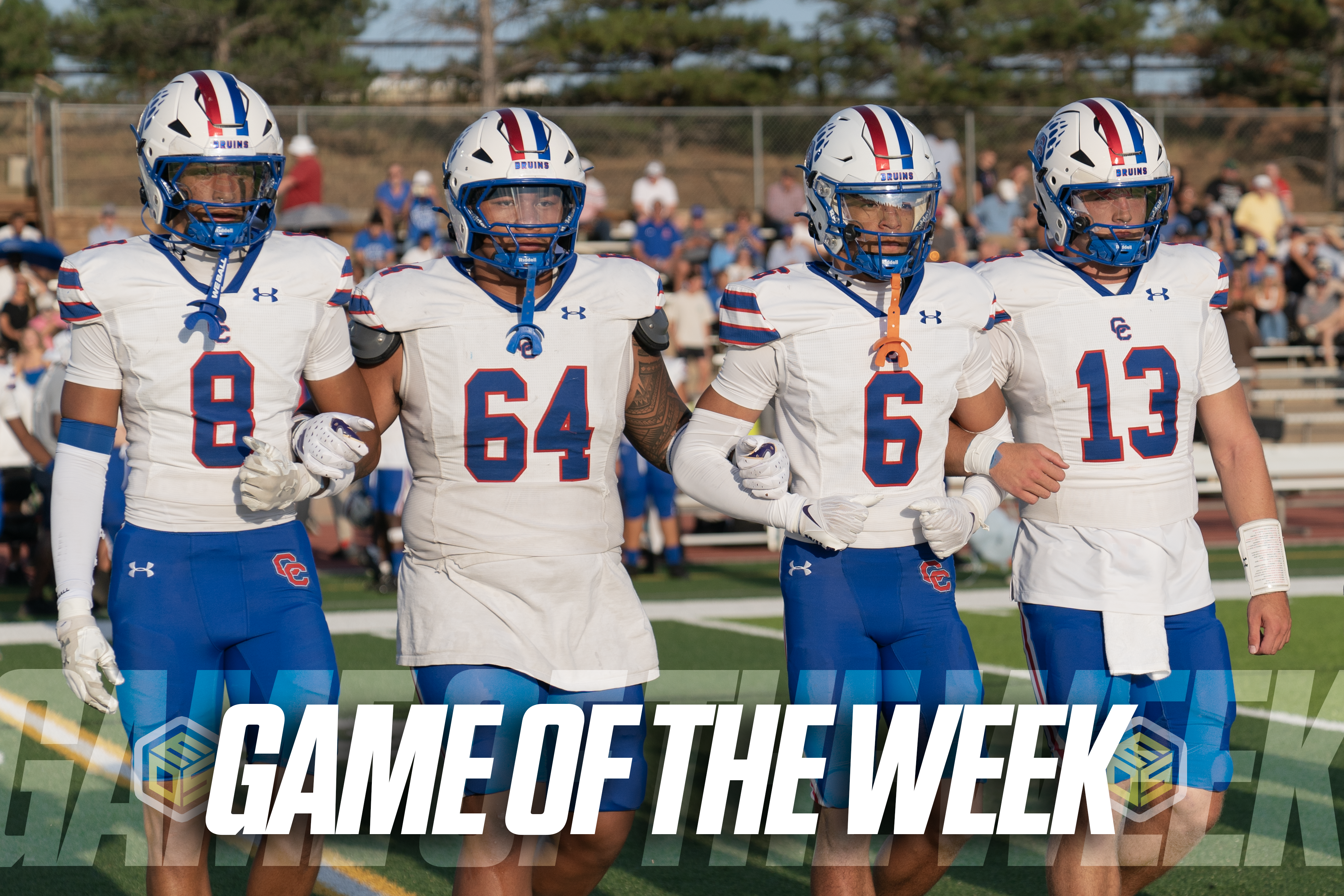 Cherry Creek football captains walk onto the field for the coin toss before facing Regis Jesuit in the 2025 high school football season opener at Lou Kellogg Stadium.