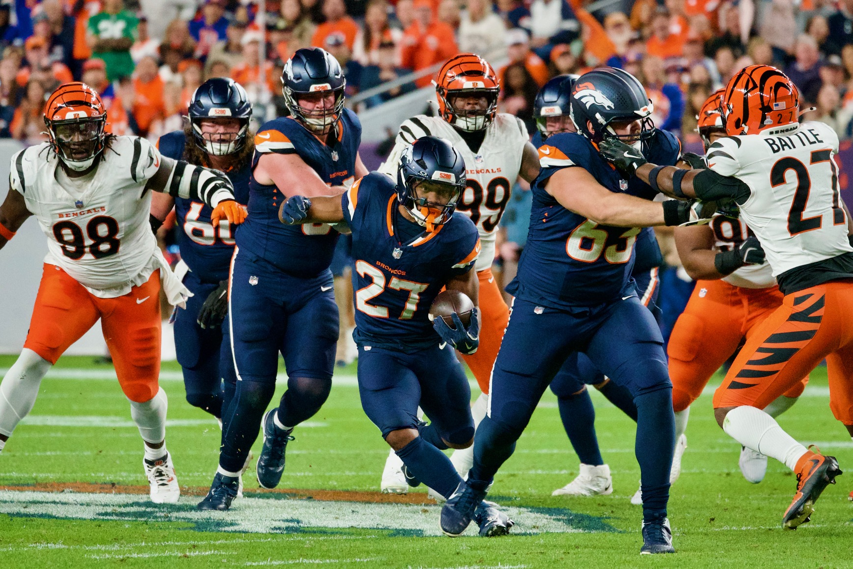 Denver Broncos running back jk dobbins ran for 101 yards on 16 carries against the Cincinnati bengals