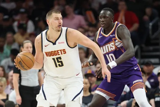 Denver Nuggets center Nikola Jokic reacts after hitting the late go-ahead basket in a 125-123 win over the Phoenix Suns in Phoenix on March 24, 2026.