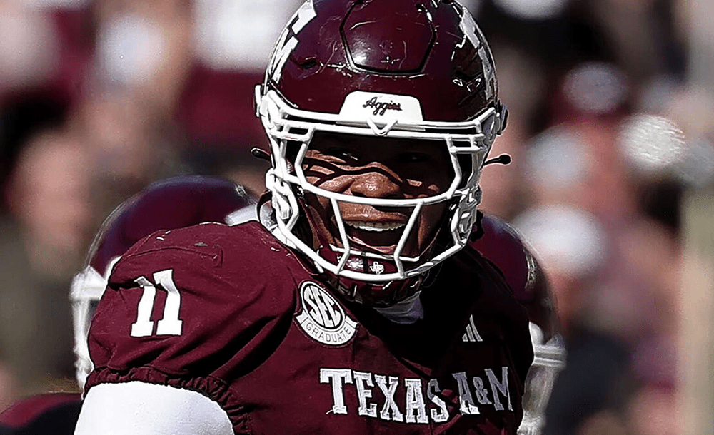 Denver Broncos draft graphic featuring Texas a&m defensive lineman Tyler Onyedim